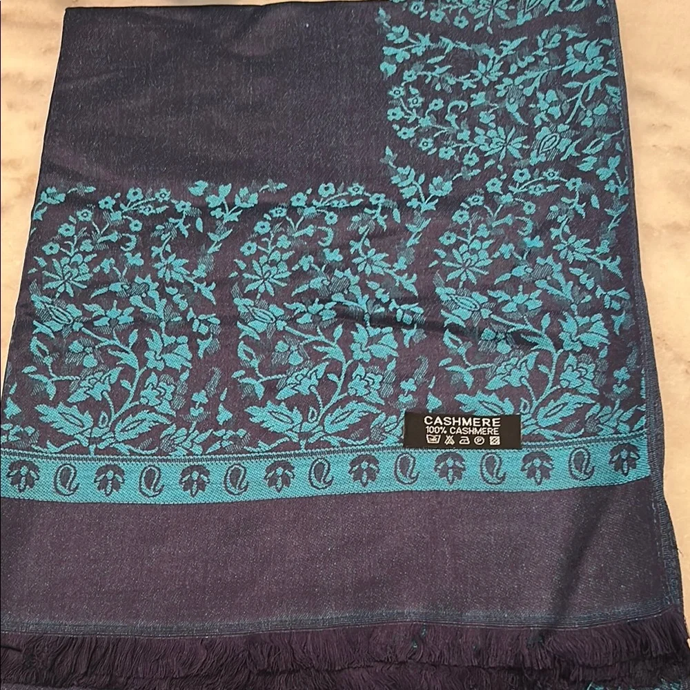 Teal and Navy Cashmere Scarf - Picture 1 of 3